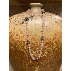 Vintage Rose Quartz & Wedding Cake Bead Necklace Hand Knotted 25 Inches